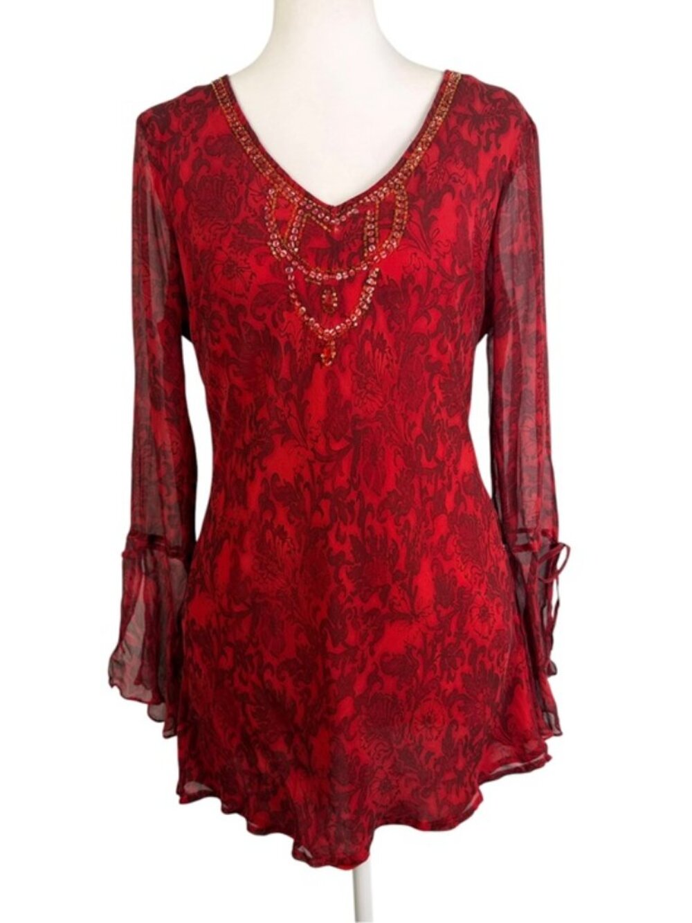 Separates NYC Red Damask Beaded Sheer Tunic Blouse Bell Sleeve Boho M/L - Picture 2 of 9